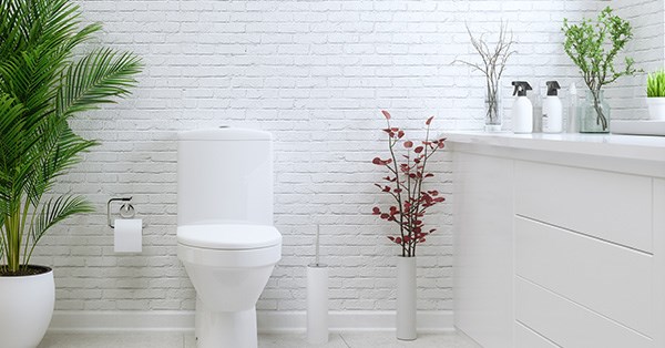 Moderne bad med toalett, grønne planter og stor benk, til illustrasjon for sjekkliste til visning