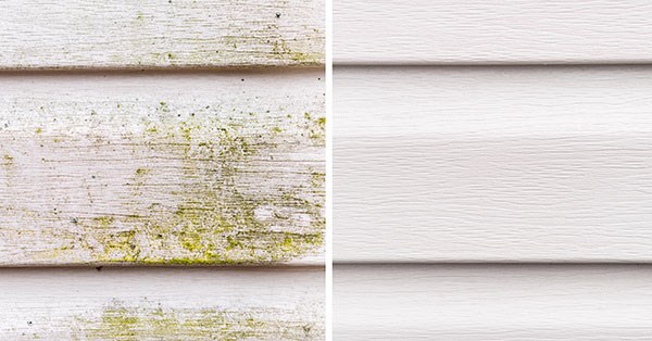 Utvendig panel før og etter fasadevask, til illustrasjon for vedlikehold av bolig